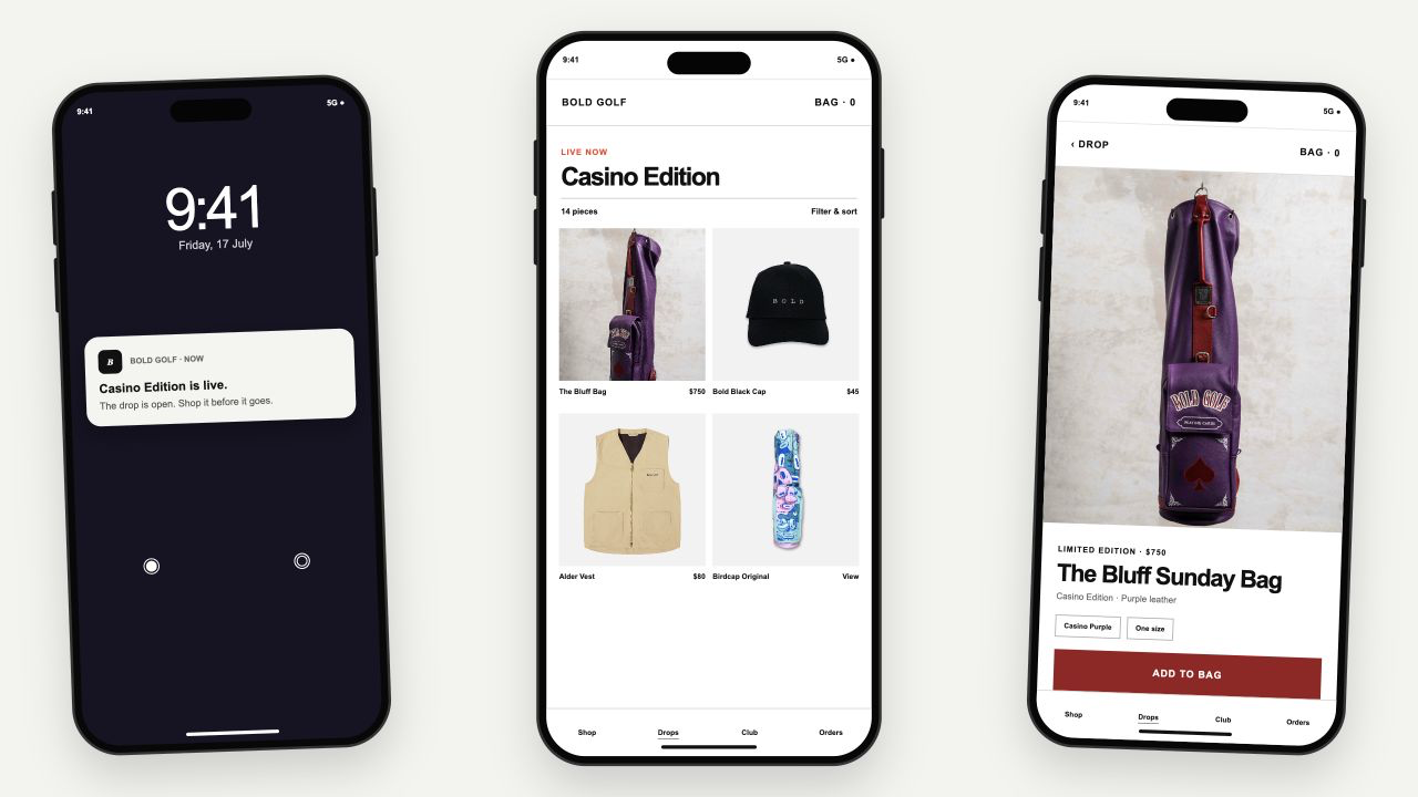 Three Bold Golf app screens showing a drop notification, the live collection and product purchase.