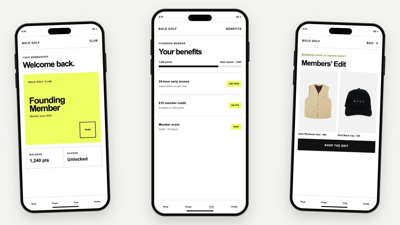Three Bold Golf app screens showing membership status, club benefits and a members-only shop.
