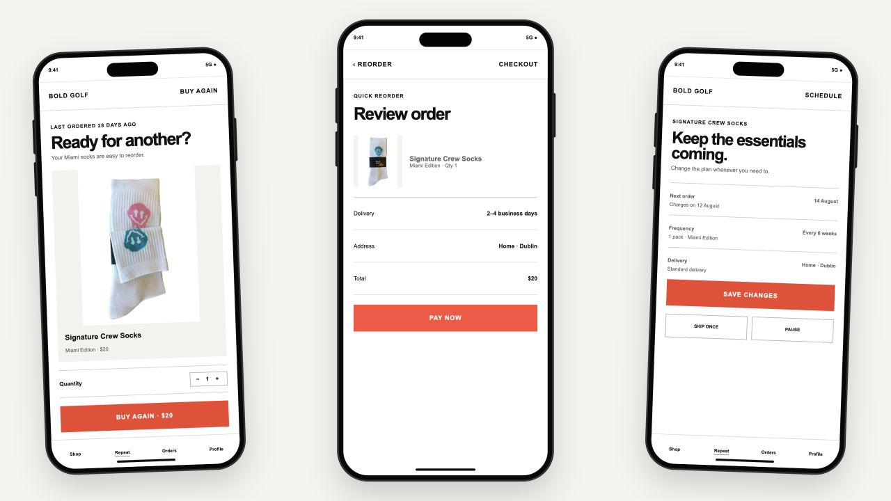 Three Bold Golf app screens showing a reorder prompt, quick checkout and repeat-order schedule.