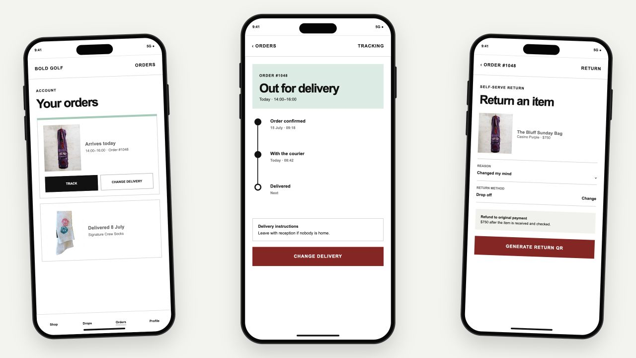 Three Bold Golf app screens showing order history, delivery tracking and a self-serve return.